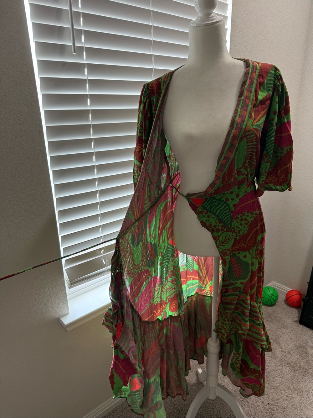 Farm Rio Tropical Floral Wrap Dress in Green & Red - Picture 11 of 11